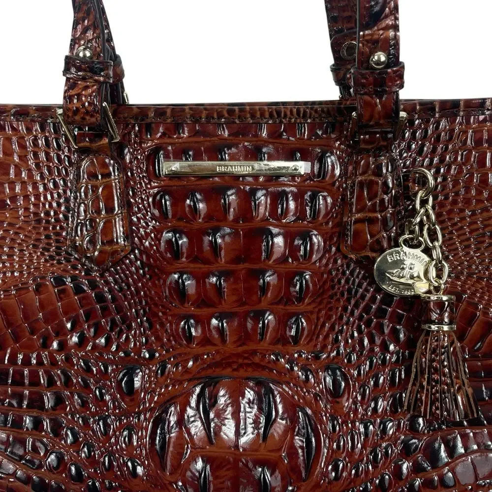 Brahmin Mini Asher Tote Satchel Bag Pecan Melbourne Brown Croc Embossed